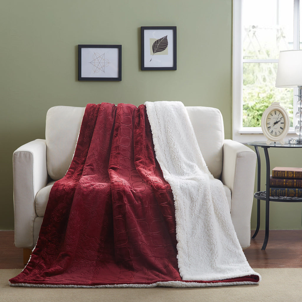 Tache Solid Embossed Merlot Red Reversible Sherpa Throw Blanket (62087)