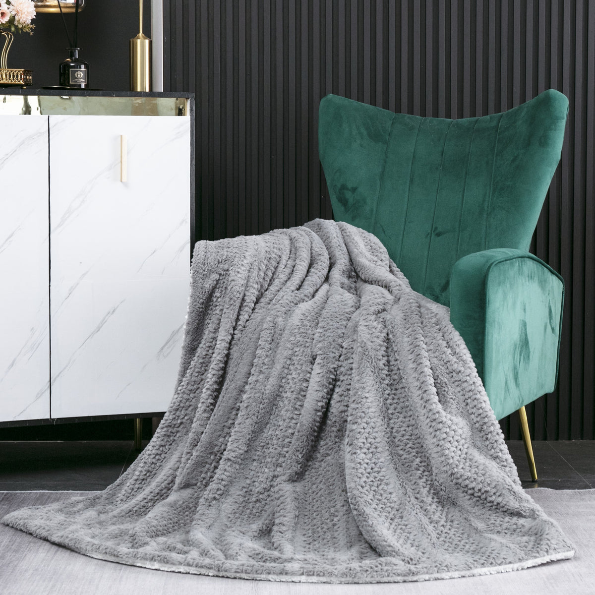 Tache Dark Grey Faux Fur Throw Blanket Bubble Textured Striped Embossed (#11)
